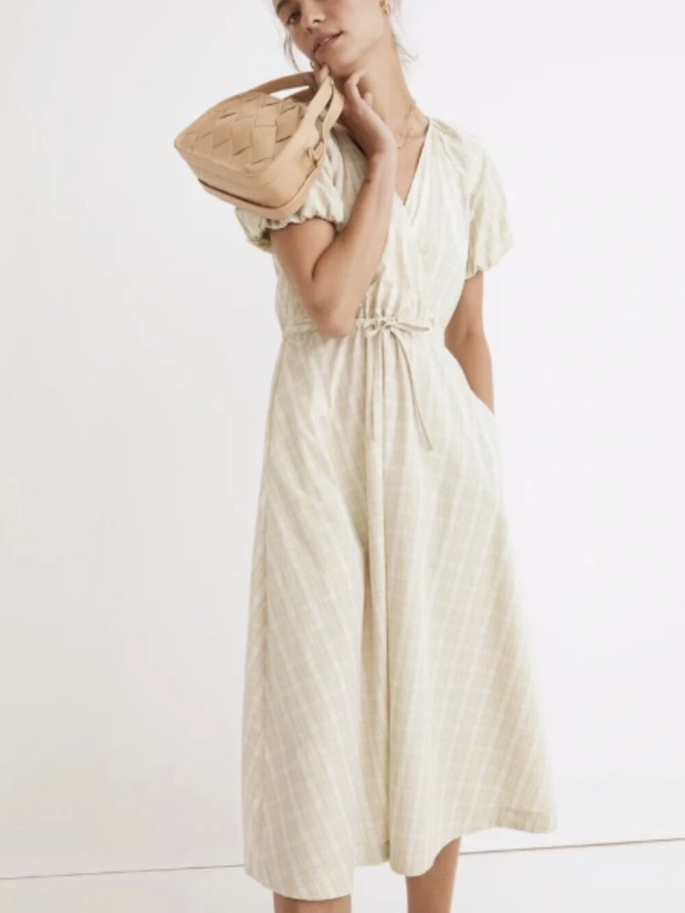 Madewell Plaid Tie-Waist Midi Dress Faux Wrap Surplice Cotton Bubble Size Large